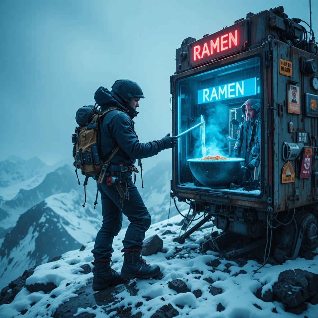 Weary mountaineer buying ramen at neon alpine machine