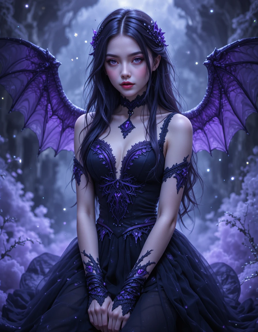 Short teenage vampire girl in black and purple dress