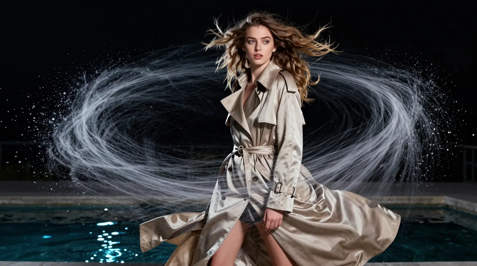 Young woman in silk trench coat amid swirling embers