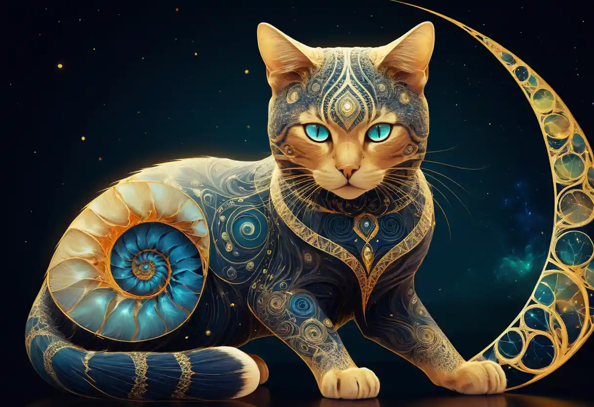 Mystical cat with nautilus shell in glowing sacred geometry