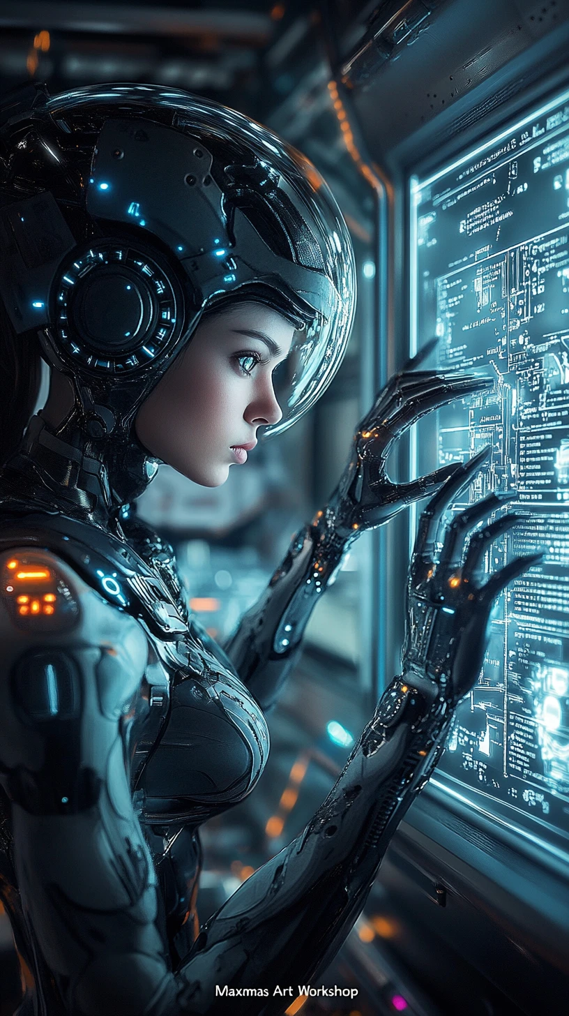 Cinematic mecha woman studying space warship diagram