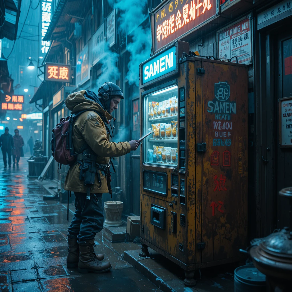 Montañero exhausto comprando ramen neón en un callejón lluvioso