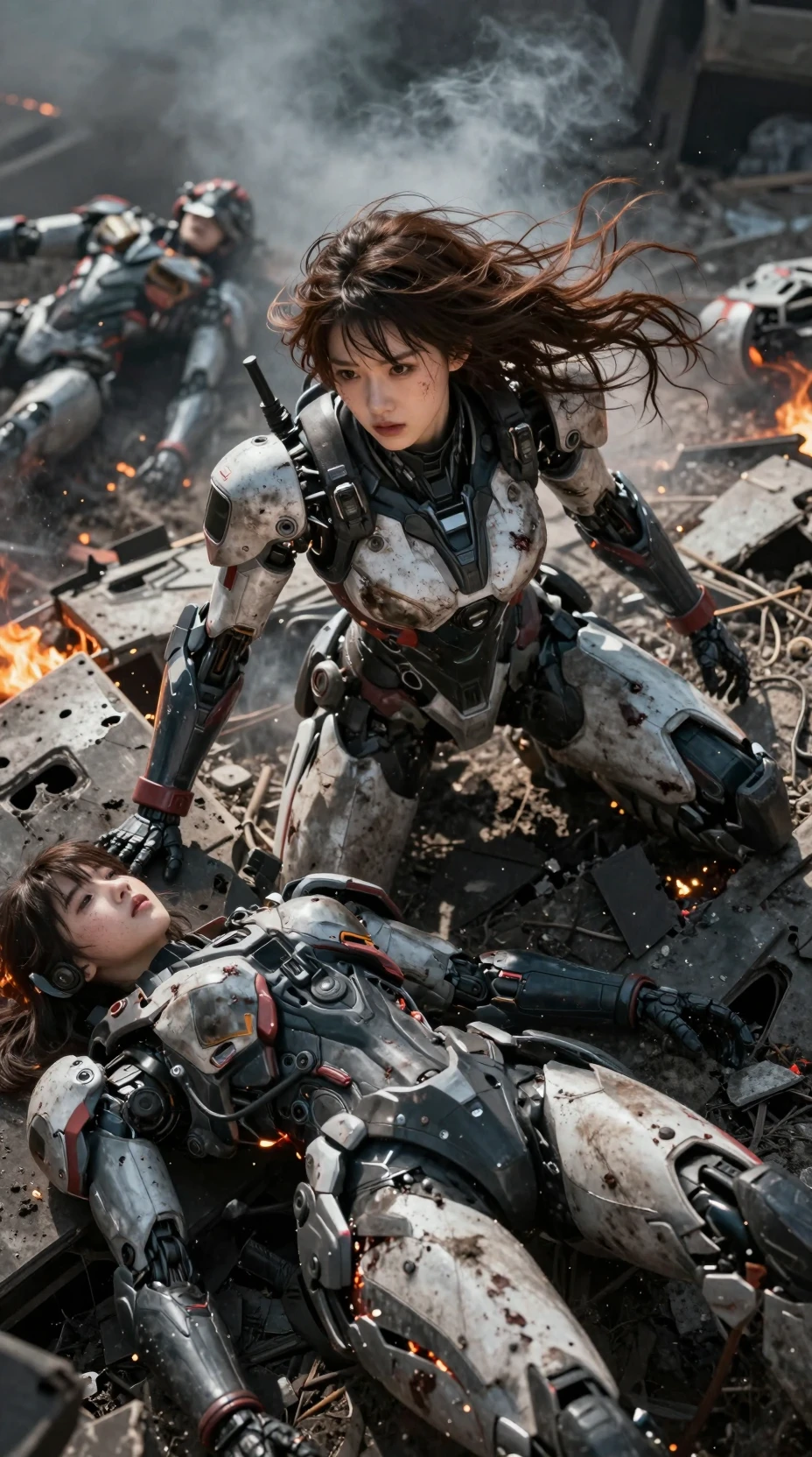 Wounded mecha woman crawling from burning armored wreckage