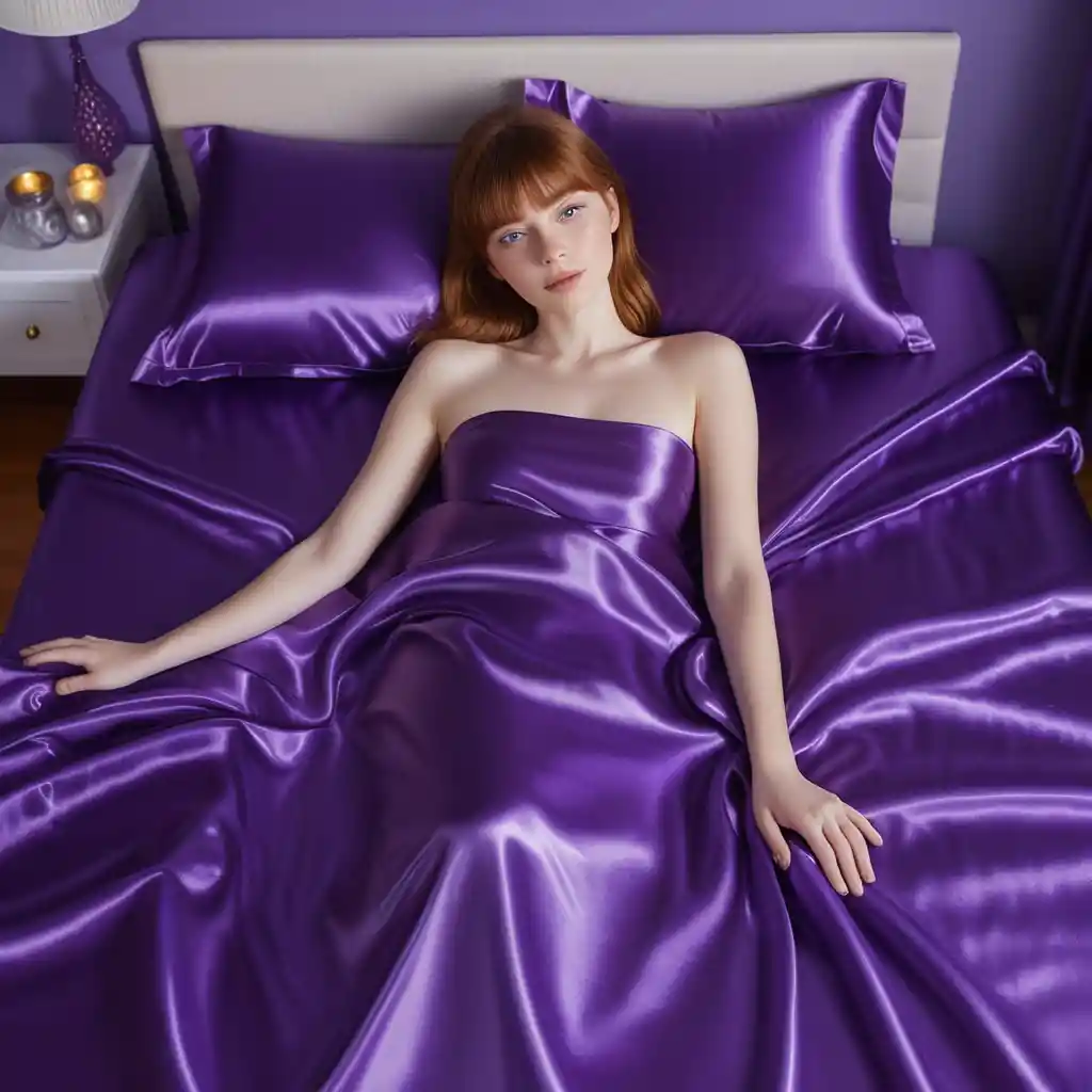 Beautiful woman lying on royal purple satin bed