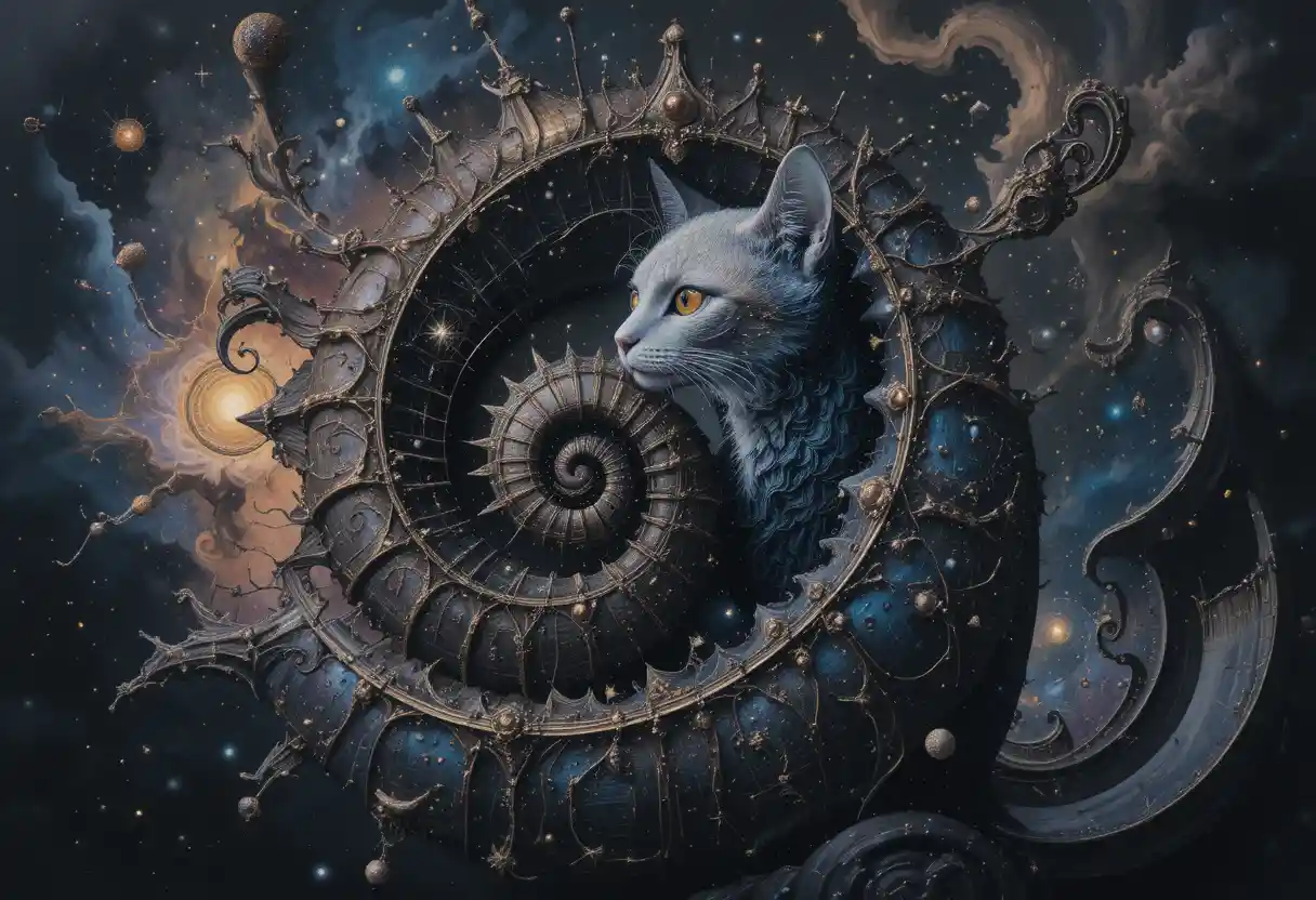 Majestic regal cat amid cosmic shells and fractal forms