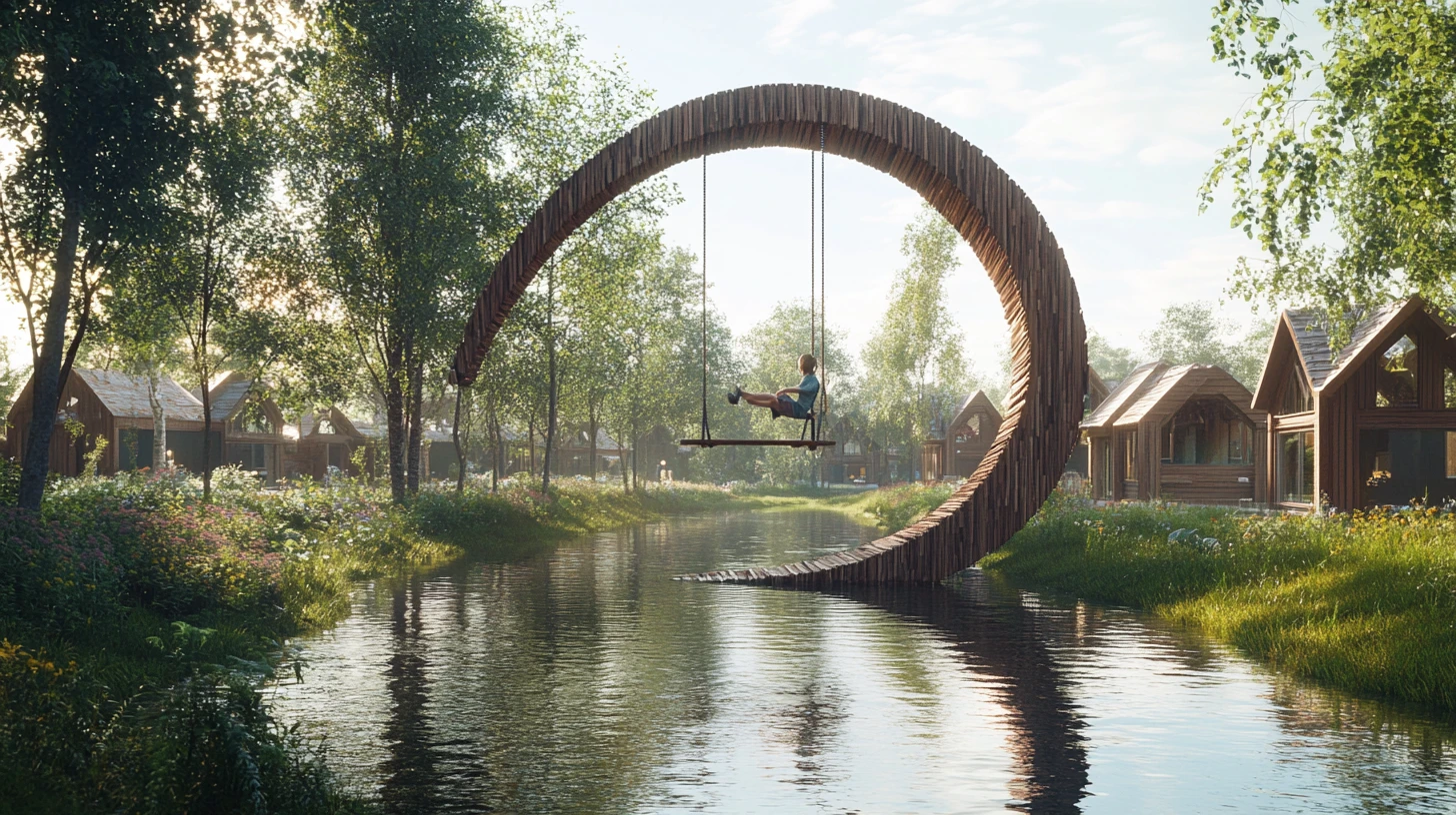 Niño en un columpio junto al río dentro de una estructura de madera de ensueño