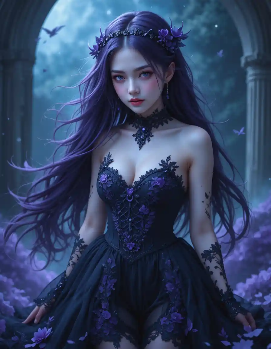 Short teenage vampire girl with dark purple hair