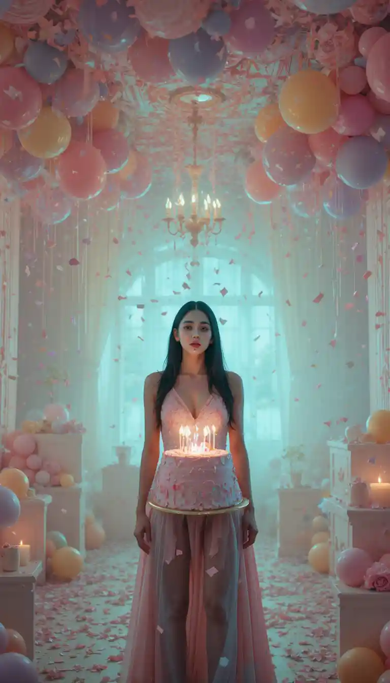 Woman in pastel birthday room with suspended confetti