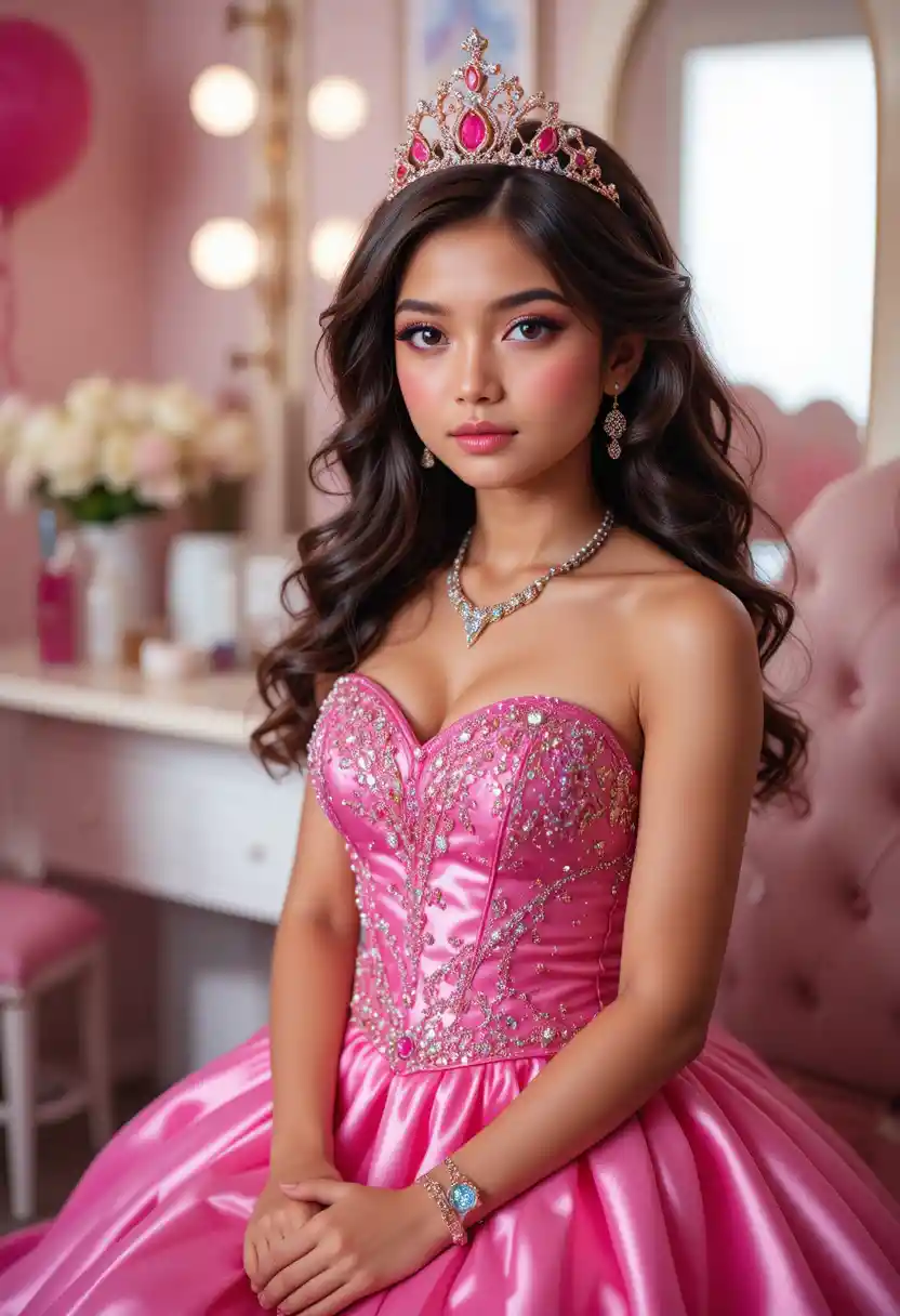 Young boy in pink princess gown at vanity mirror