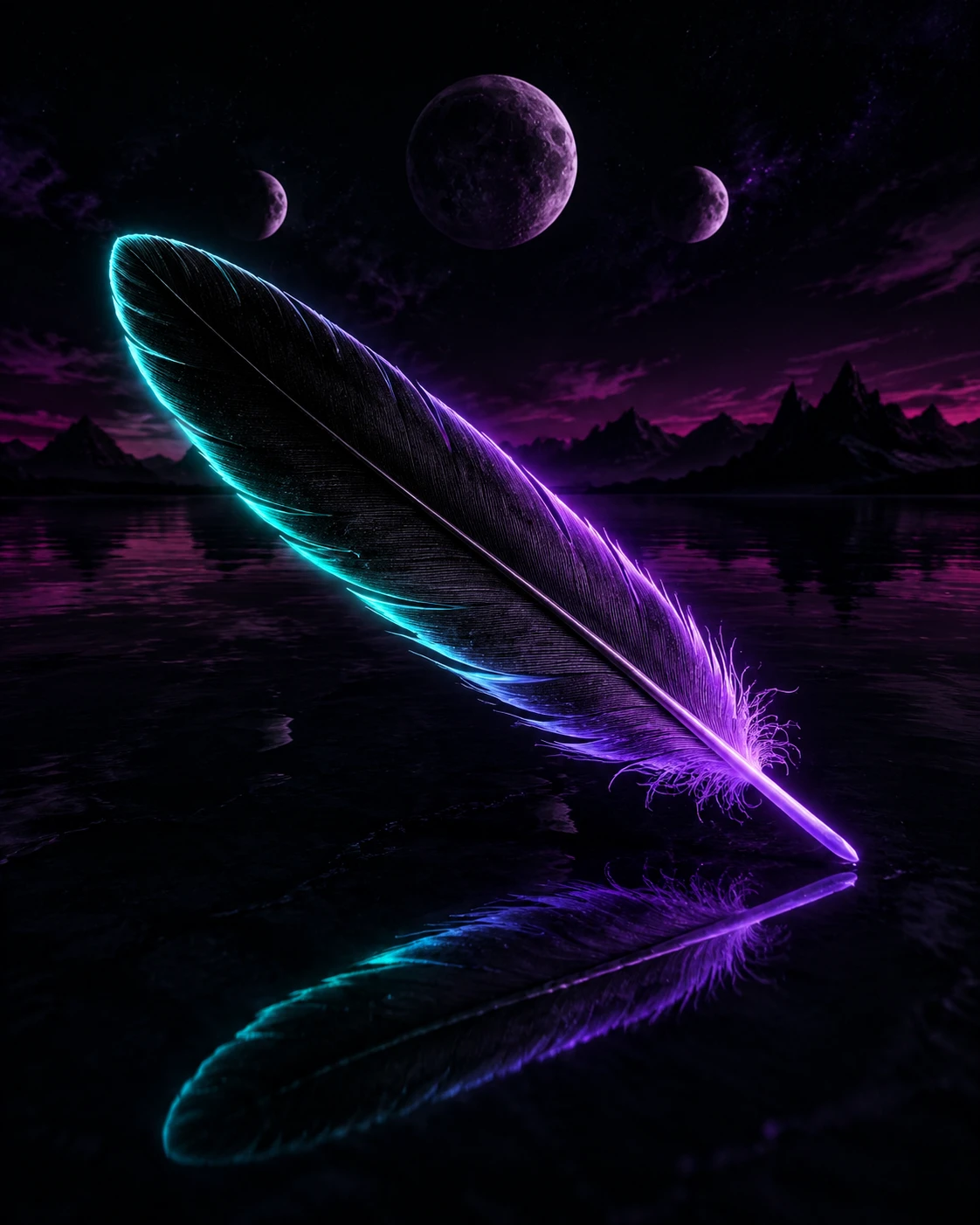 Pluma de águila luminosa sobre un lago oscuro de obsidiana