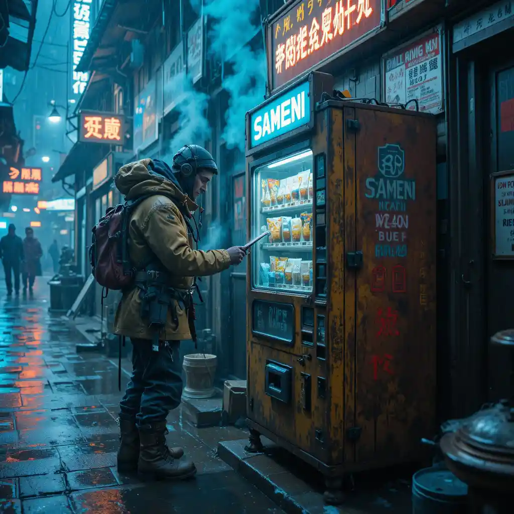 Weary mountaineer buying neon ramen in a rainy alley