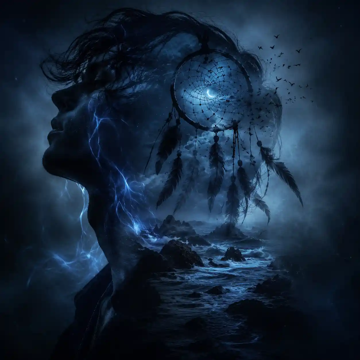 Double exposure portrait with dreamcatcher and glowing spirit lines