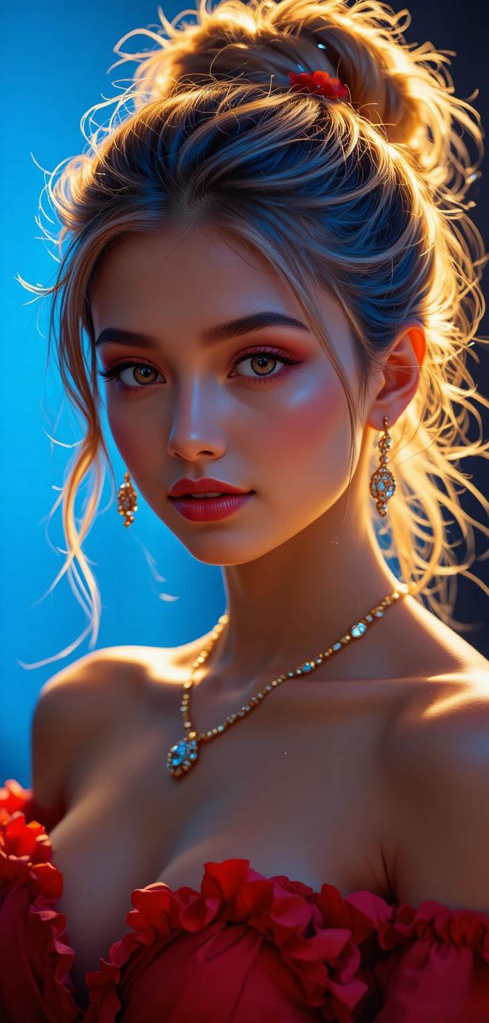 Blonde girl portrait in red dress at tropical resort