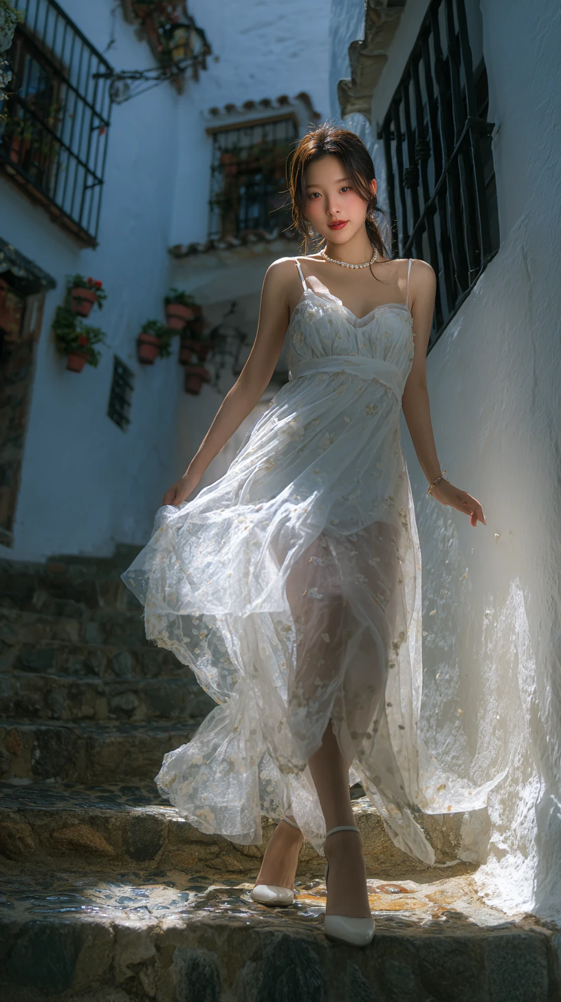 Chica sonriente con vestido blanco en escalones de adoquines bañados por el sol
