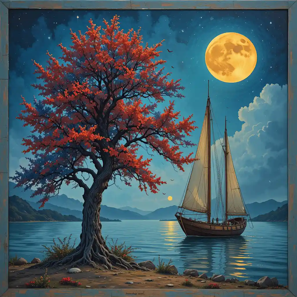 Surreal tree beside sailboat under a glowing yellow moon