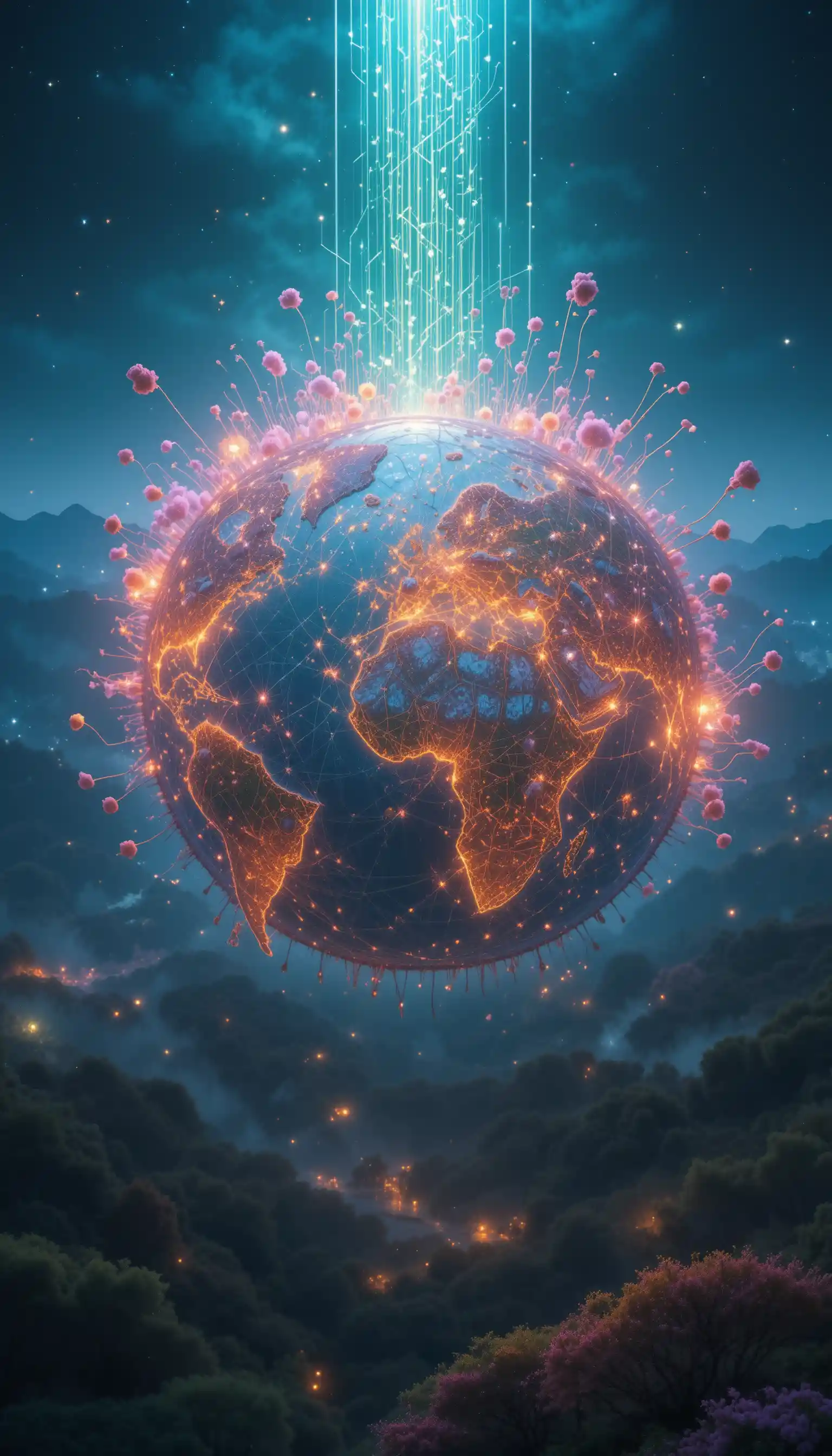 Earth connected by glowing floral digital networks in spring