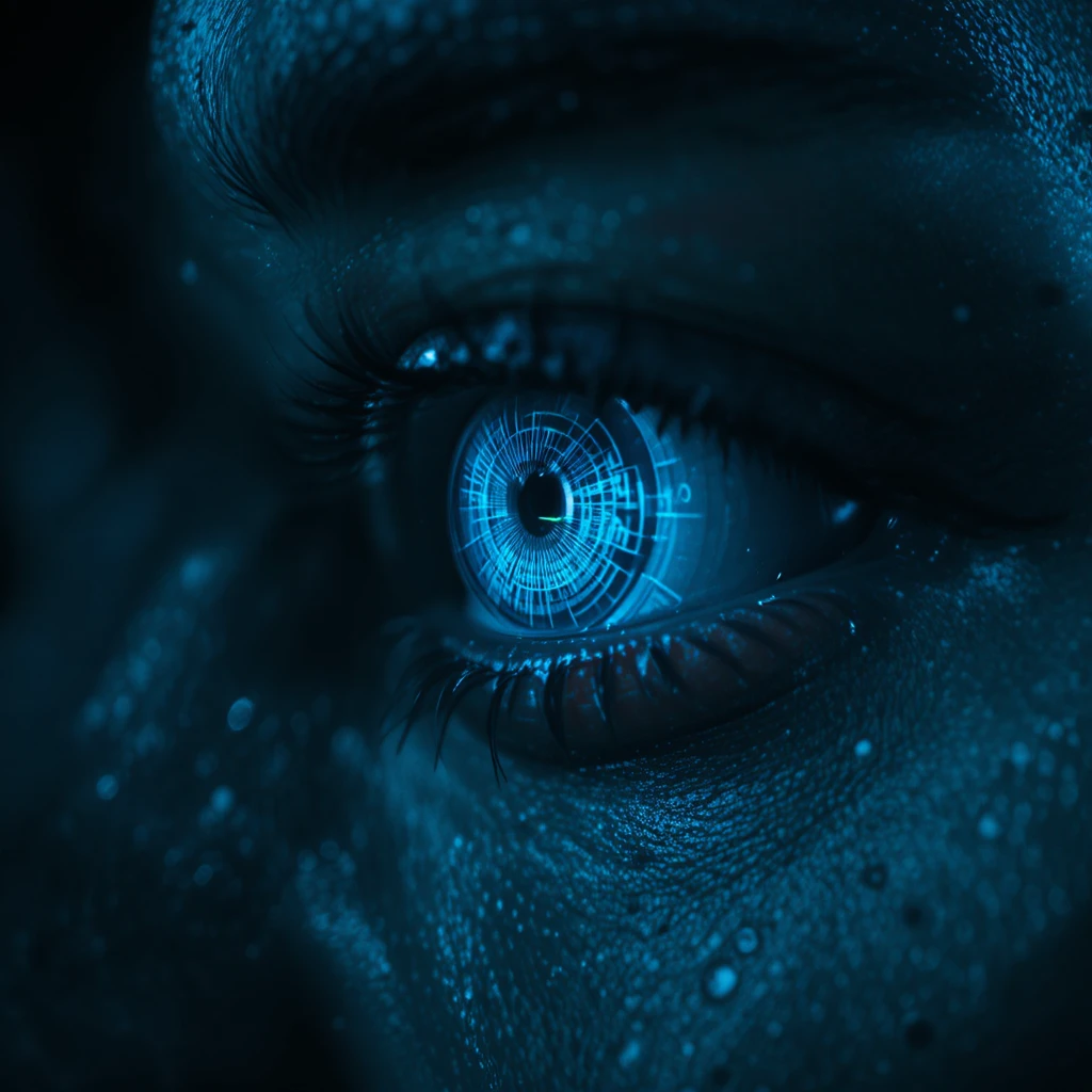 Extreme close up of spy eye with digital reflection