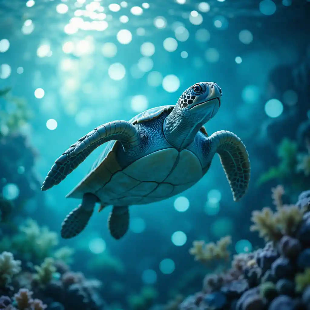 Playful sea turtle in a tranquil underwater bokeh aquarium
