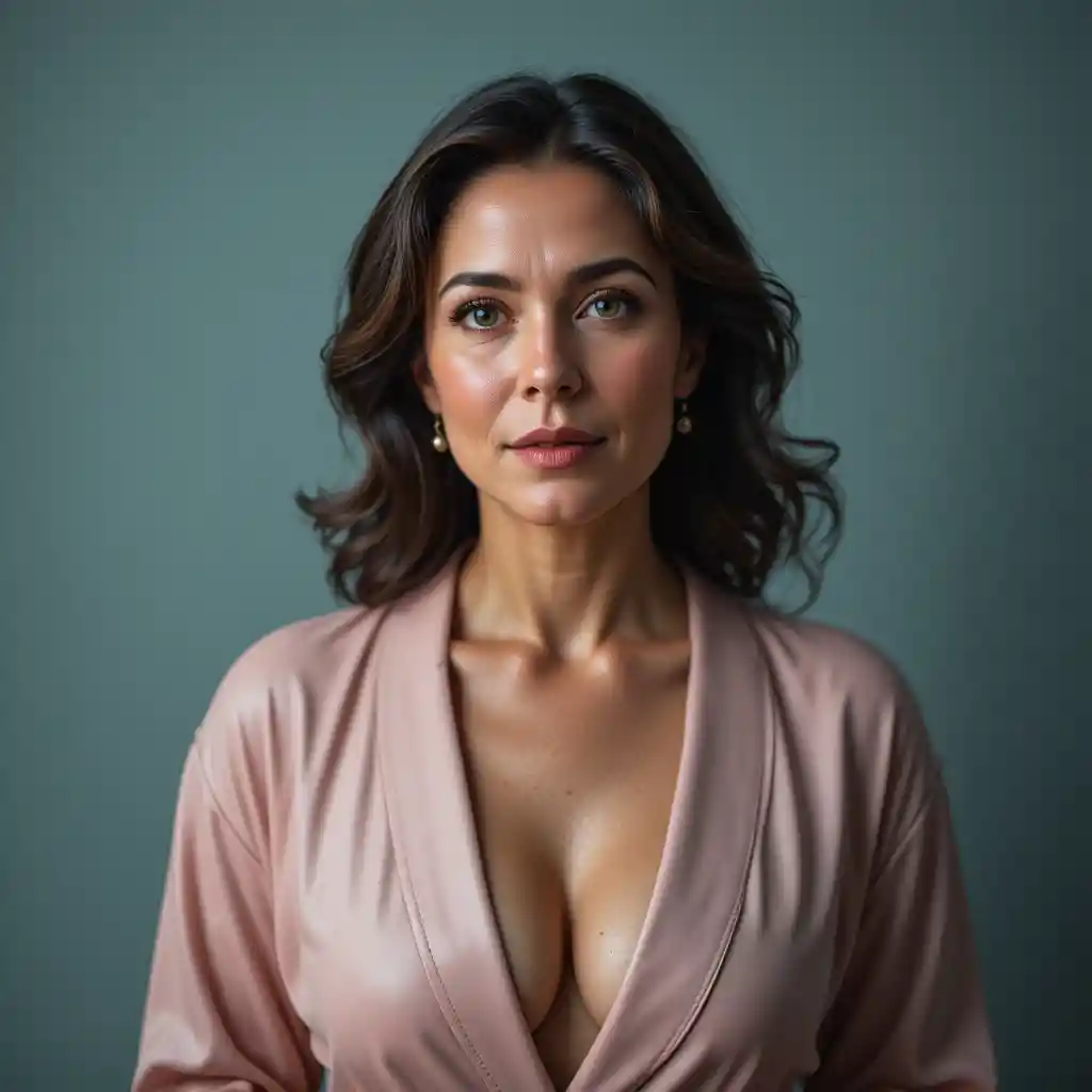 Confident middle aged woman in pink robe portrait