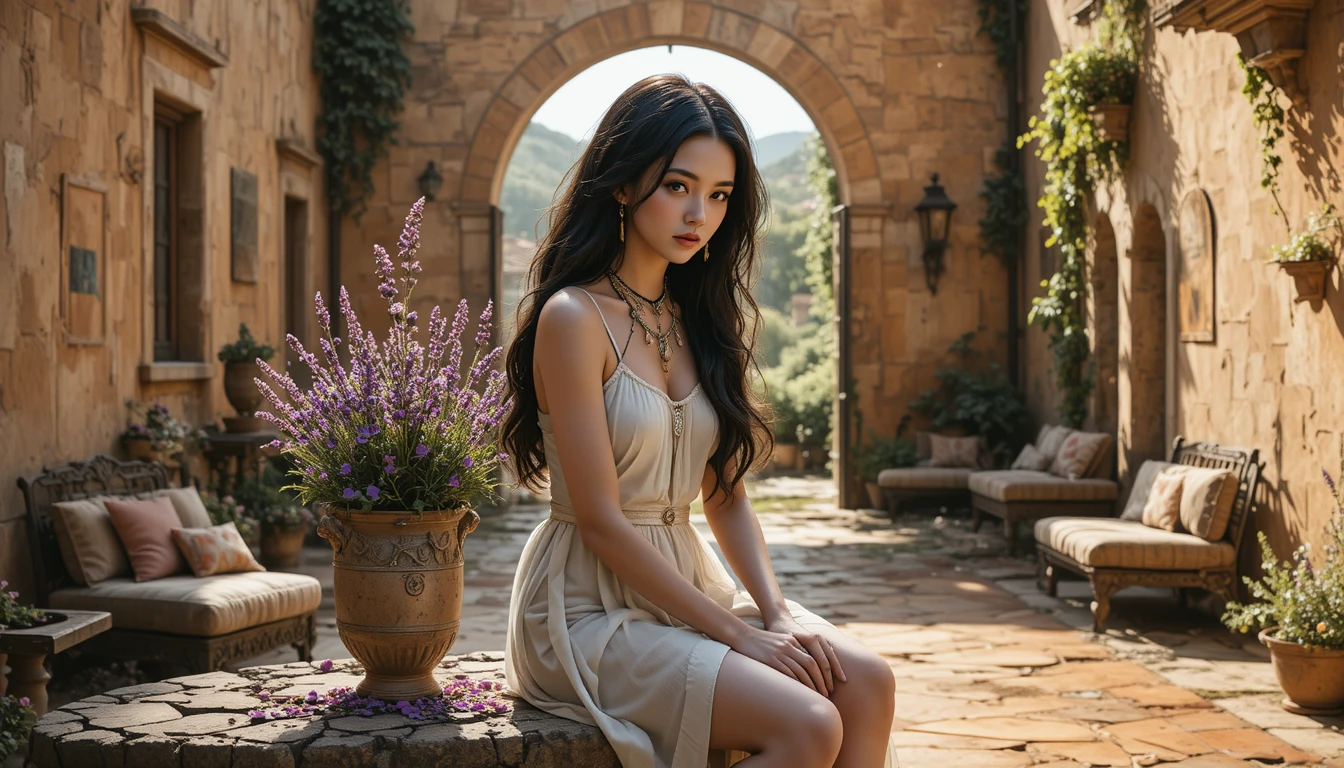 Roman woman on a stone bench in a decaying Tuscan courtyard