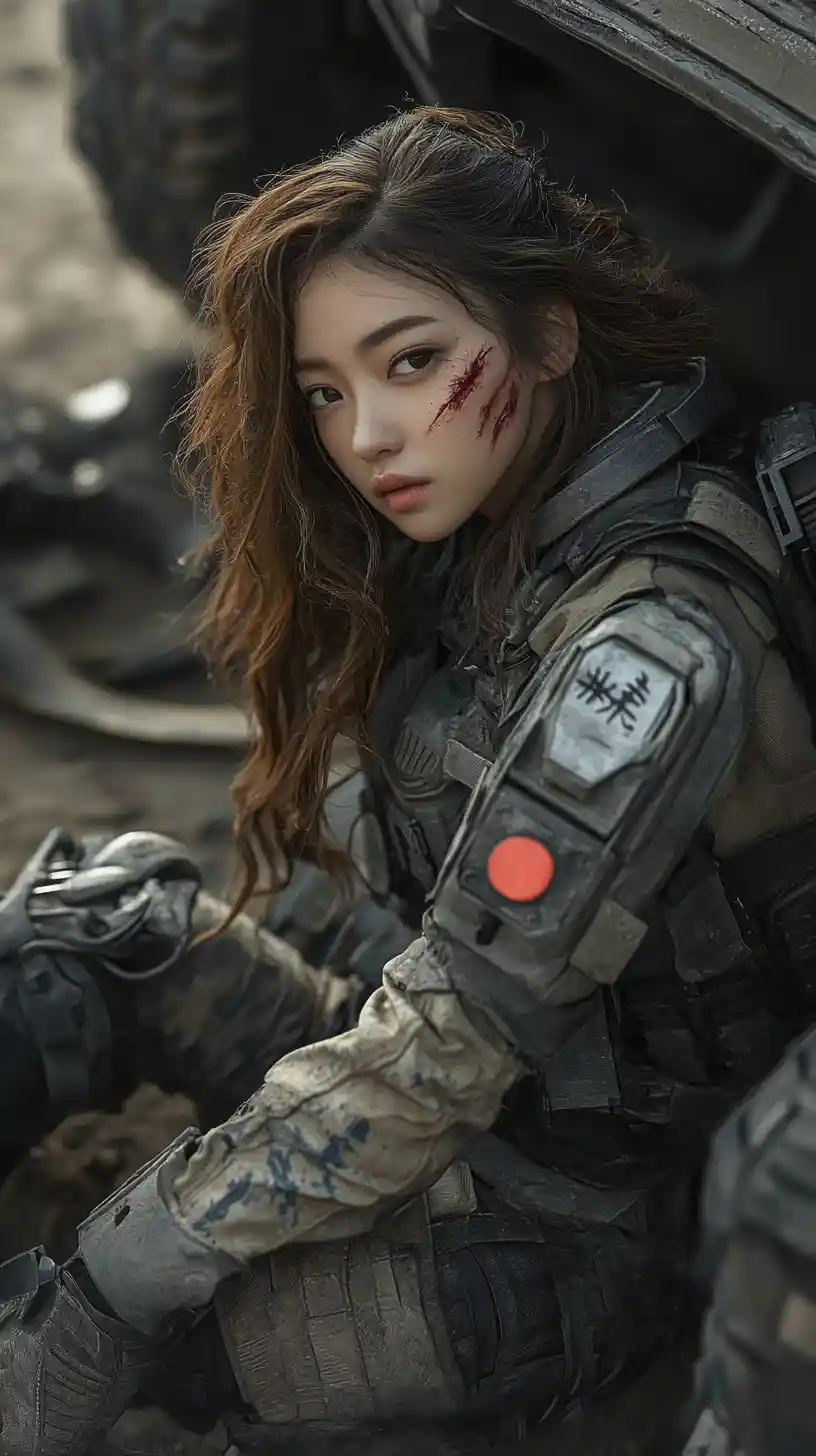 Battle hardened mecha woman resting against ruined armored vehicle
