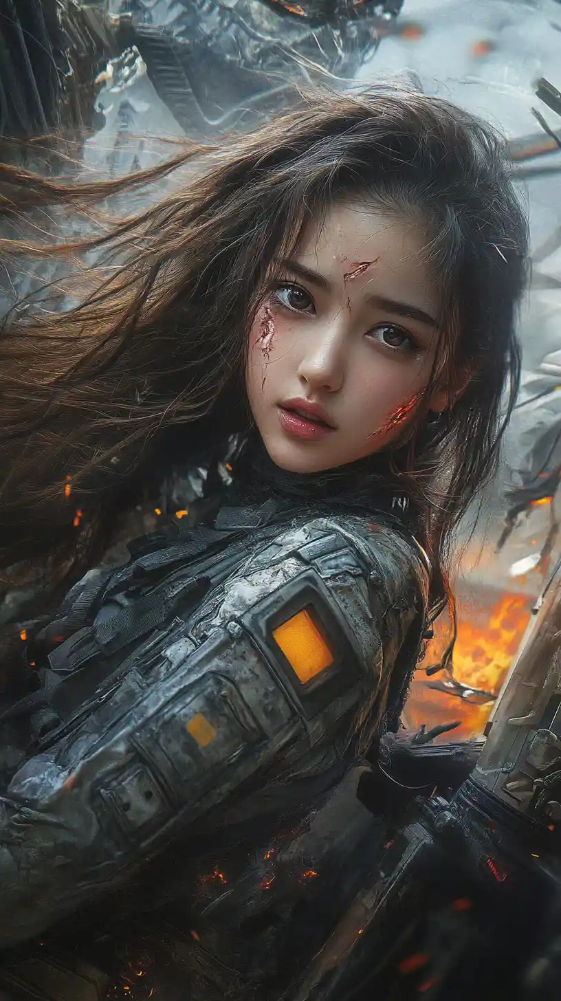 Futuristic mecha woman crawling from burning armored wreck