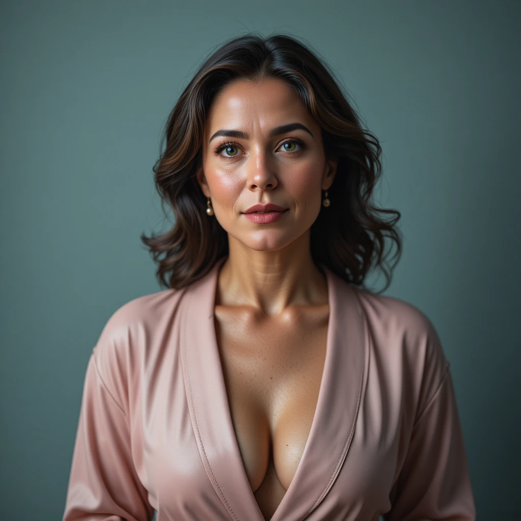 Confident middle aged woman in pink robe portrait