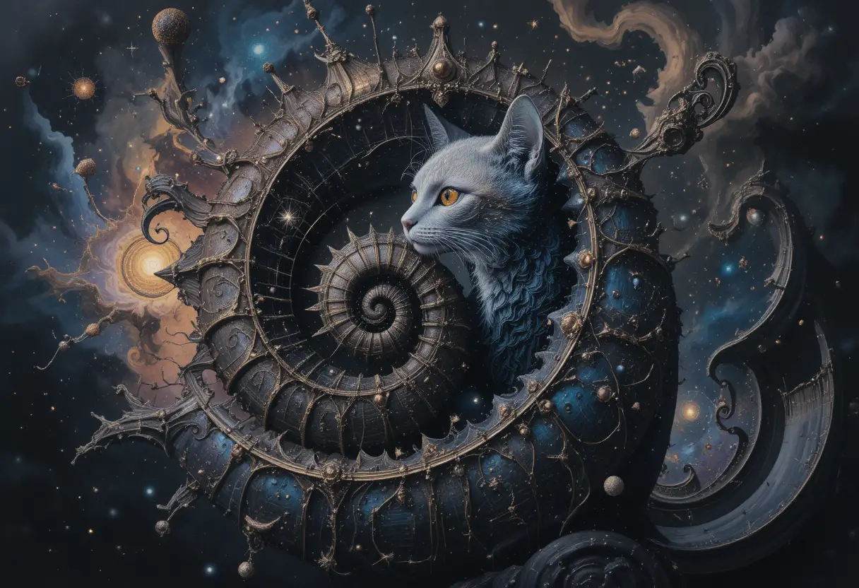 Majestic regal cat amid cosmic shells and fractal forms