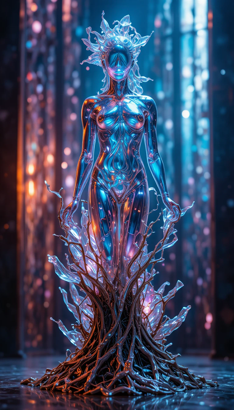 Surreal glass statue with reflective abstract elegance