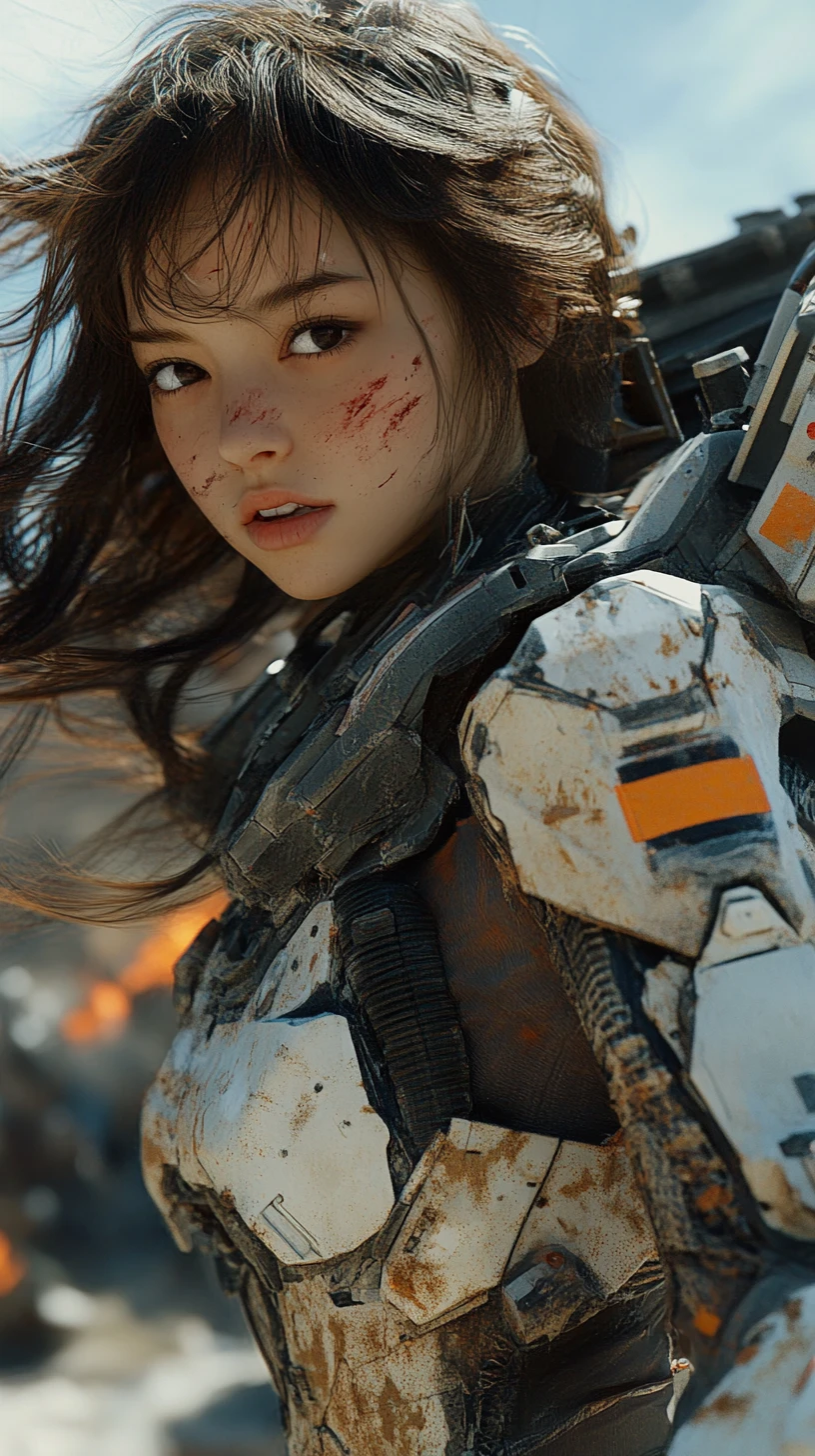 Wounded sci fi woman crawling from burning armored wreck