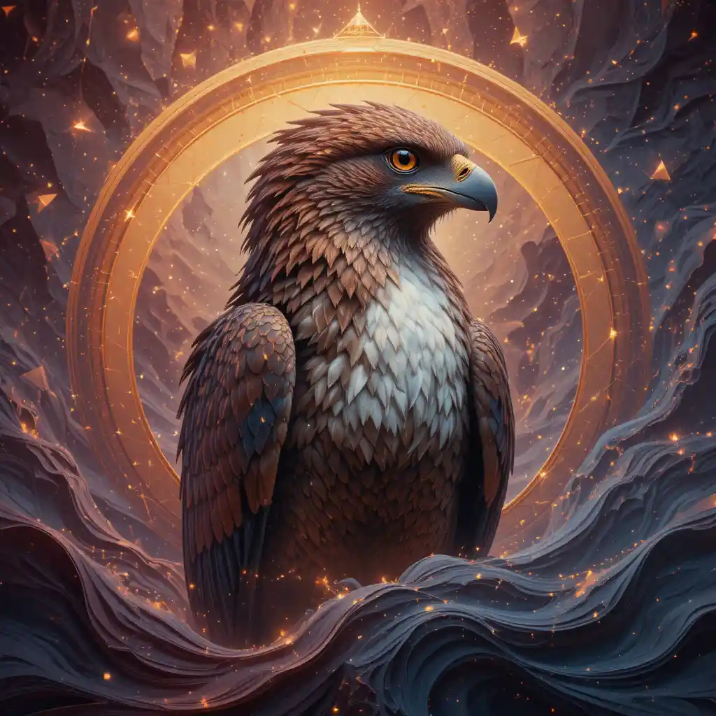Harpy eagle against a cosmic geometric tide in crimson and gold