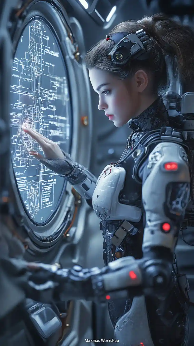 Cinematic mecha woman studying space warship diagram