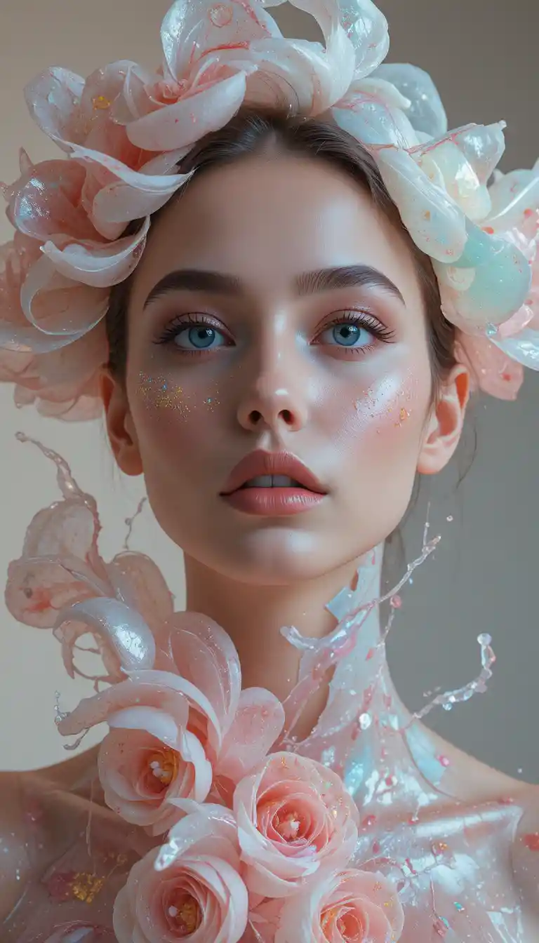 Close up beauty portrait with pastel floral inspired makeup