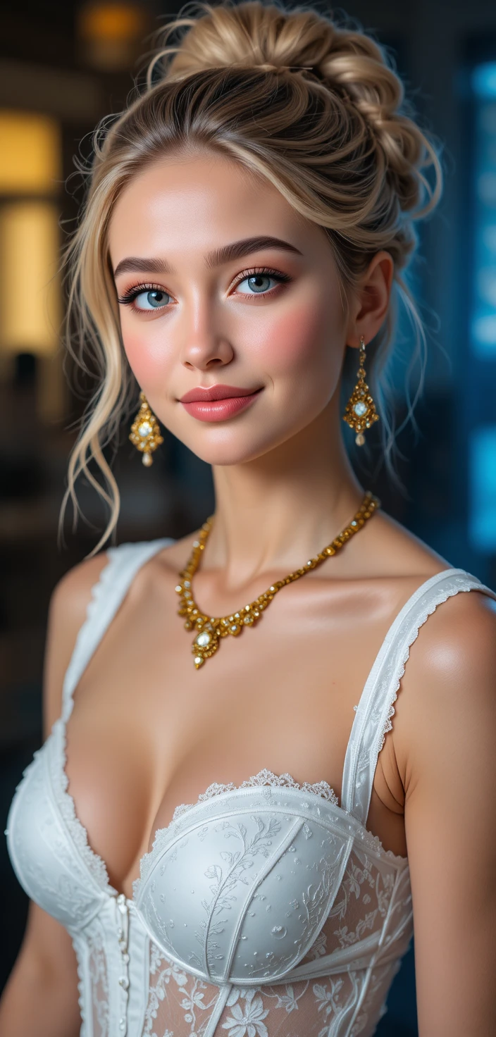 Blonde young girl portrait with bindi and gold jewelry