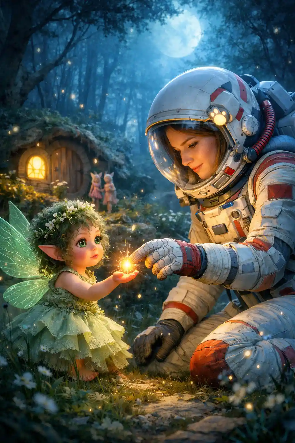 Astronaut touching magical light with fairy child in forest