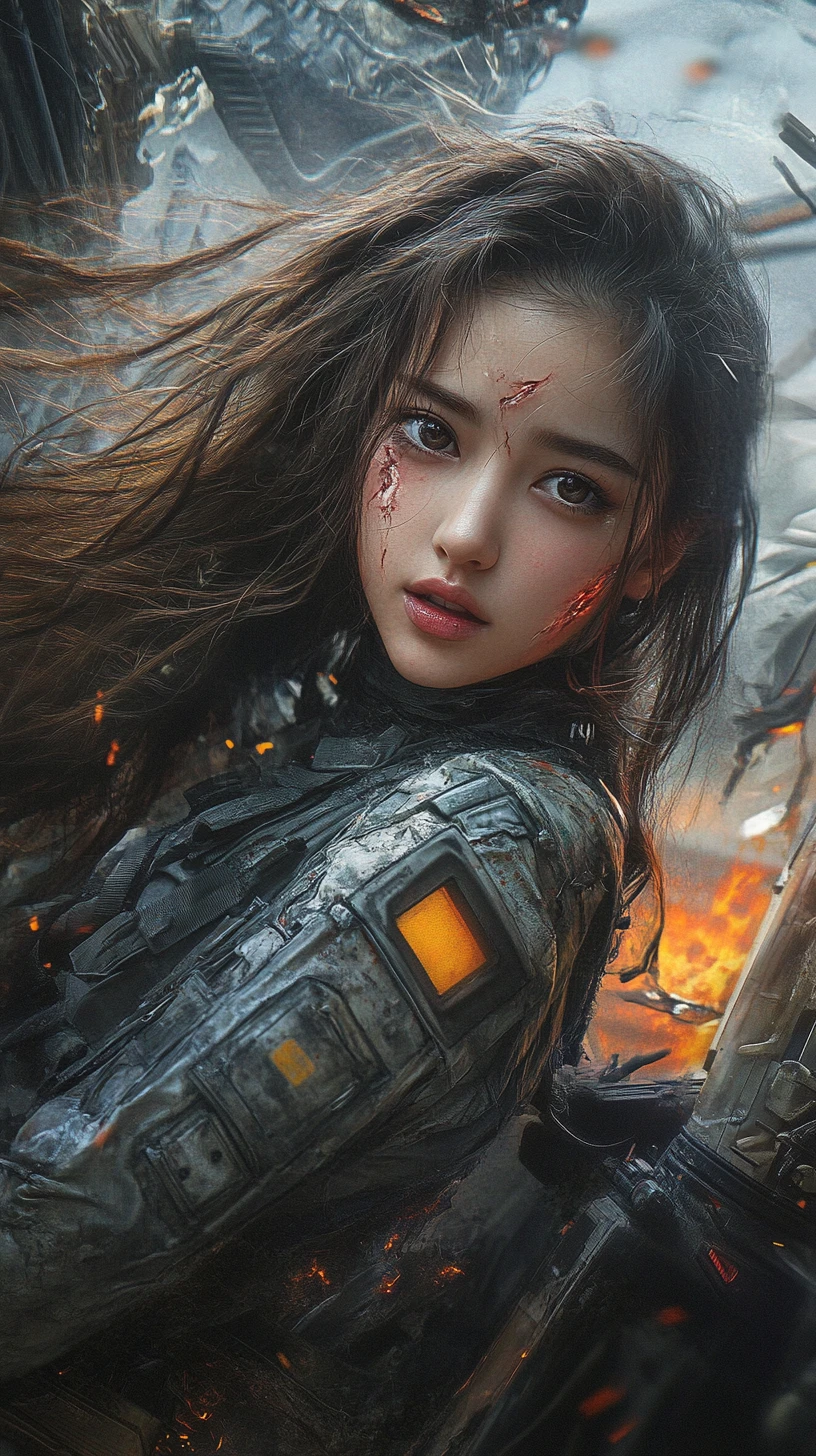 Futuristic mecha woman crawling from burning armored wreck