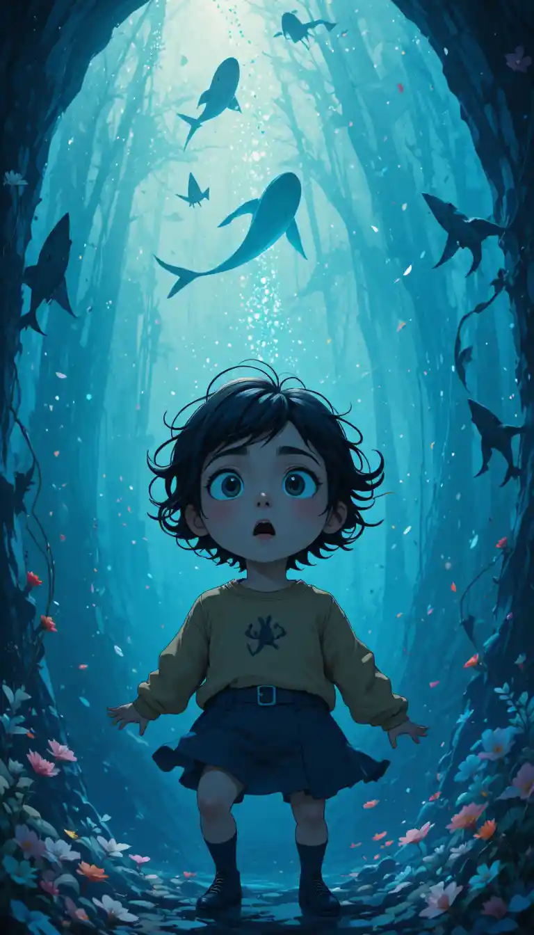 Child peering into a dark mysterious well at night