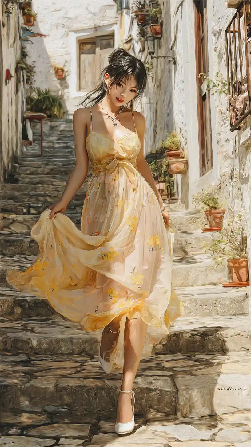 Smiling girl in yellow dress on sunlit stone steps