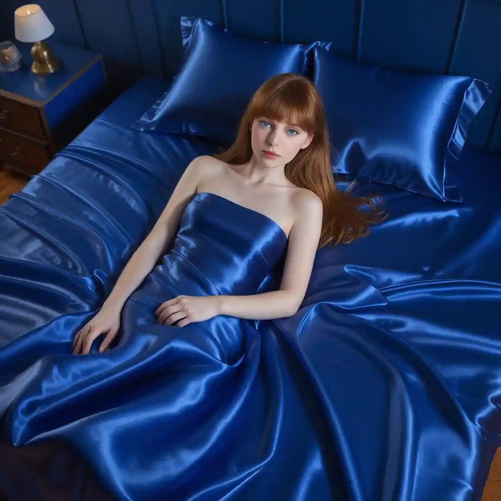 Woman lying on royal blue satin bed looking forward