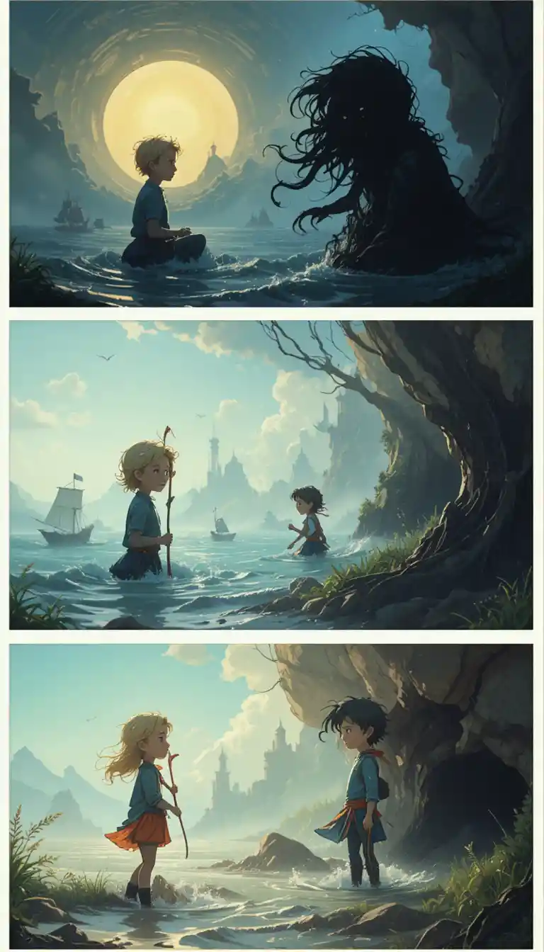 Child facing the mystery of darkness in a fantasy world