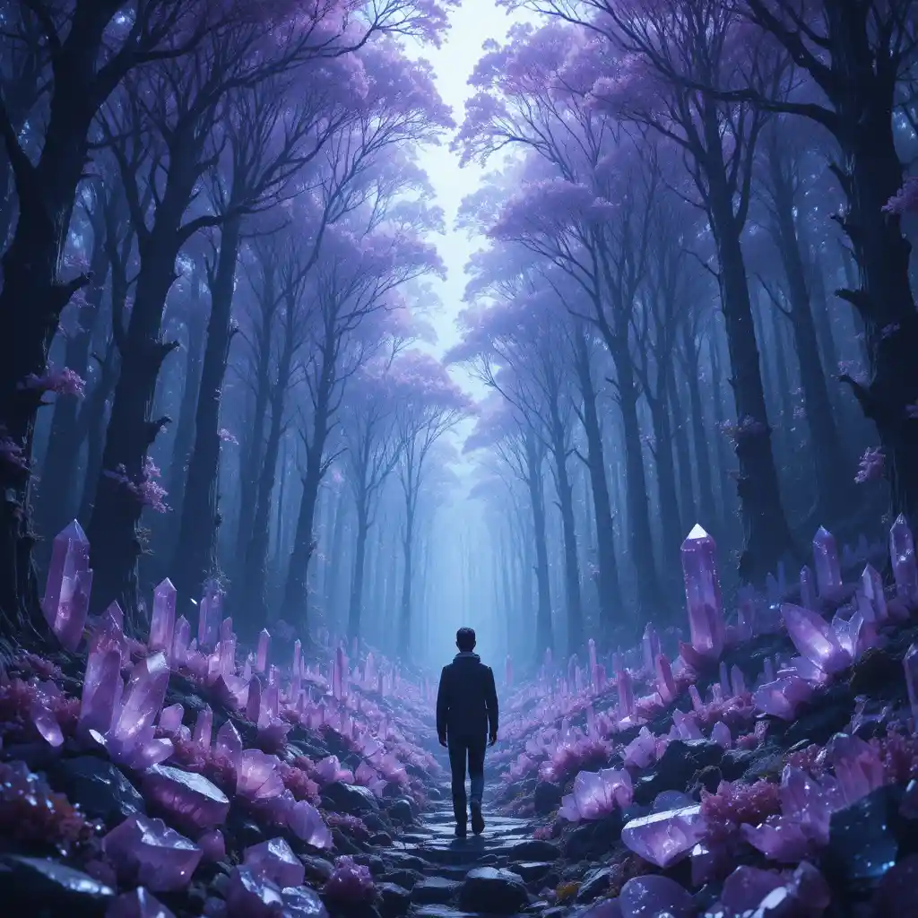 Lone traveler walking toward a vast glowing crystal field