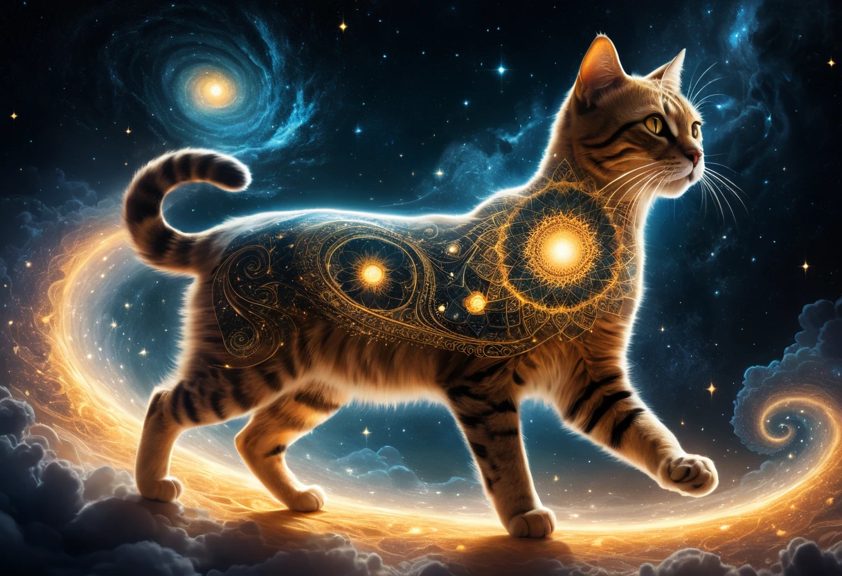 Surreal cosmic cat racing through stars with fractal tail