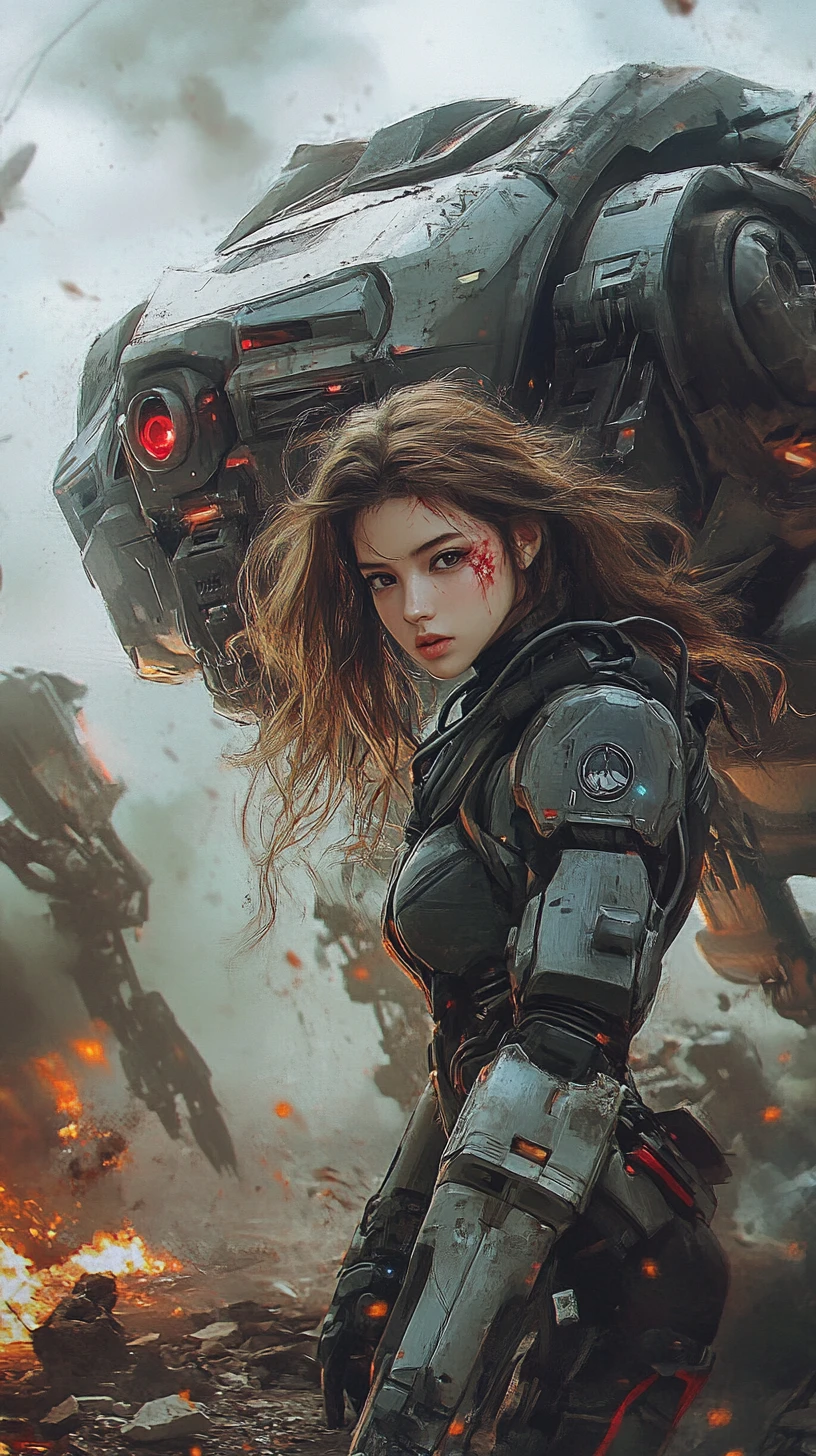 Wounded mecha soldier crawling from burning armored wreckage
