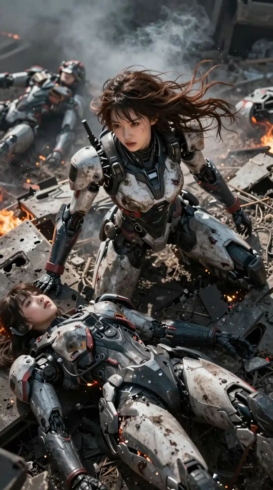 Wounded mecha woman crawling from burning armored wreckage
