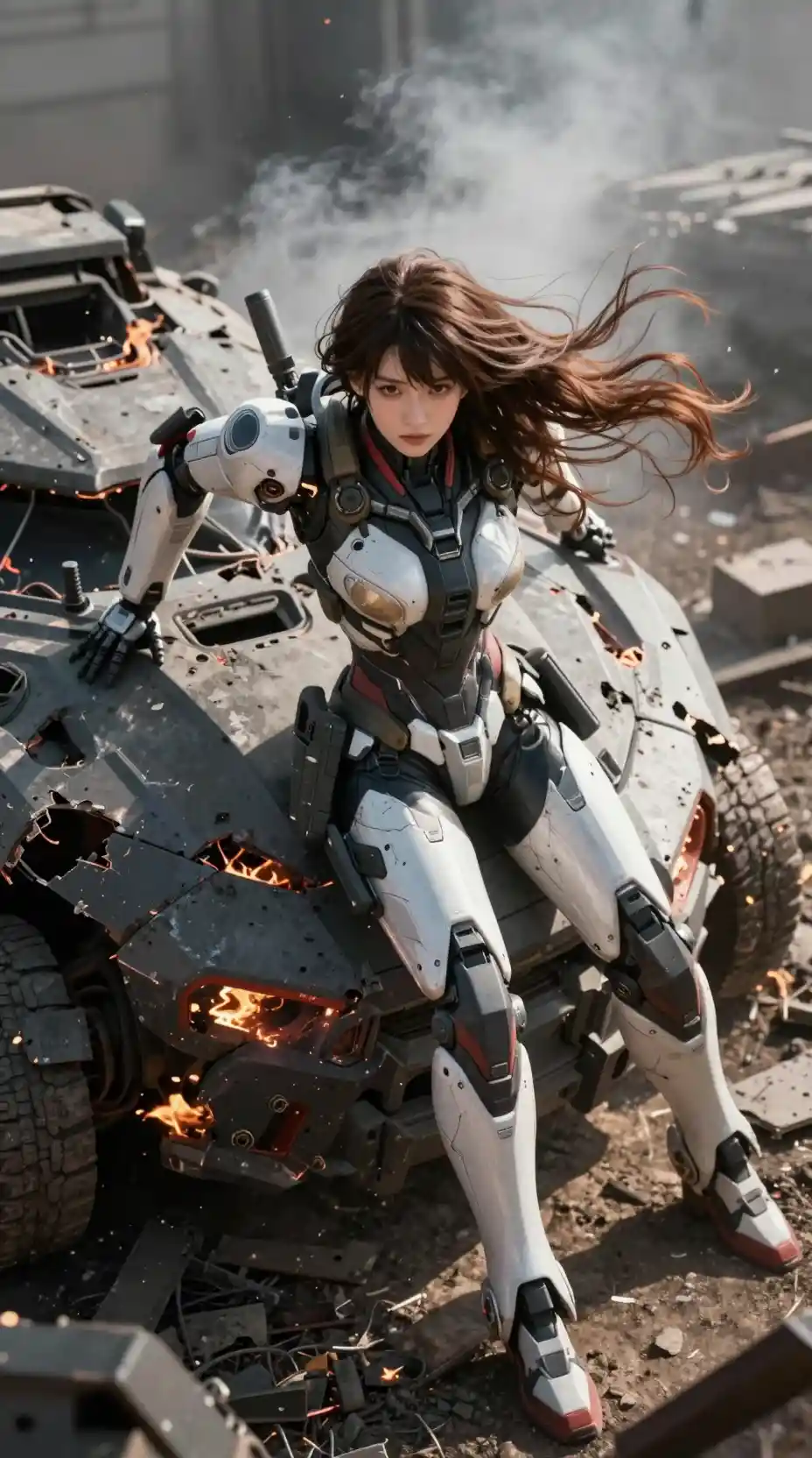 Wounded mecha woman crawling from burning armored wreckage