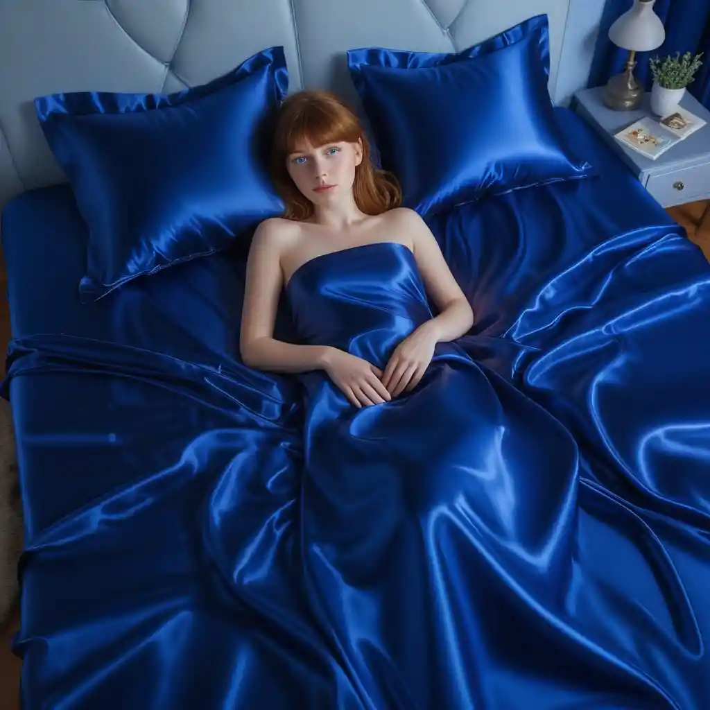Beautiful woman lying on royal blue satin bed