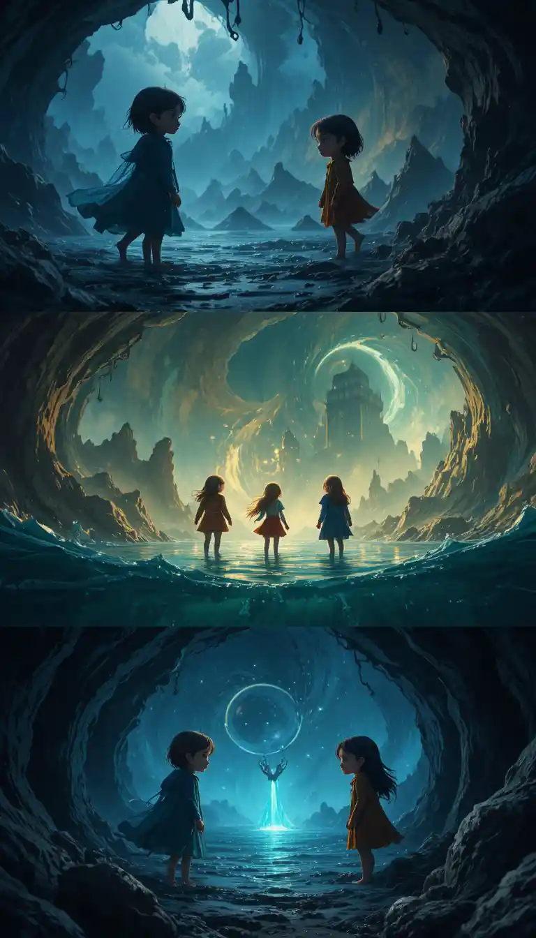 Child facing mysterious darkness in an abstract space
