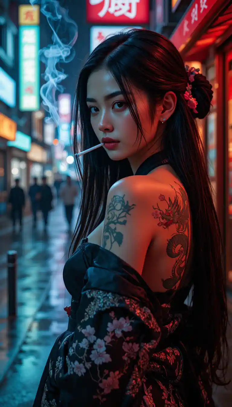 Yakuza wife smoking in neon lit rainy Tokyo street