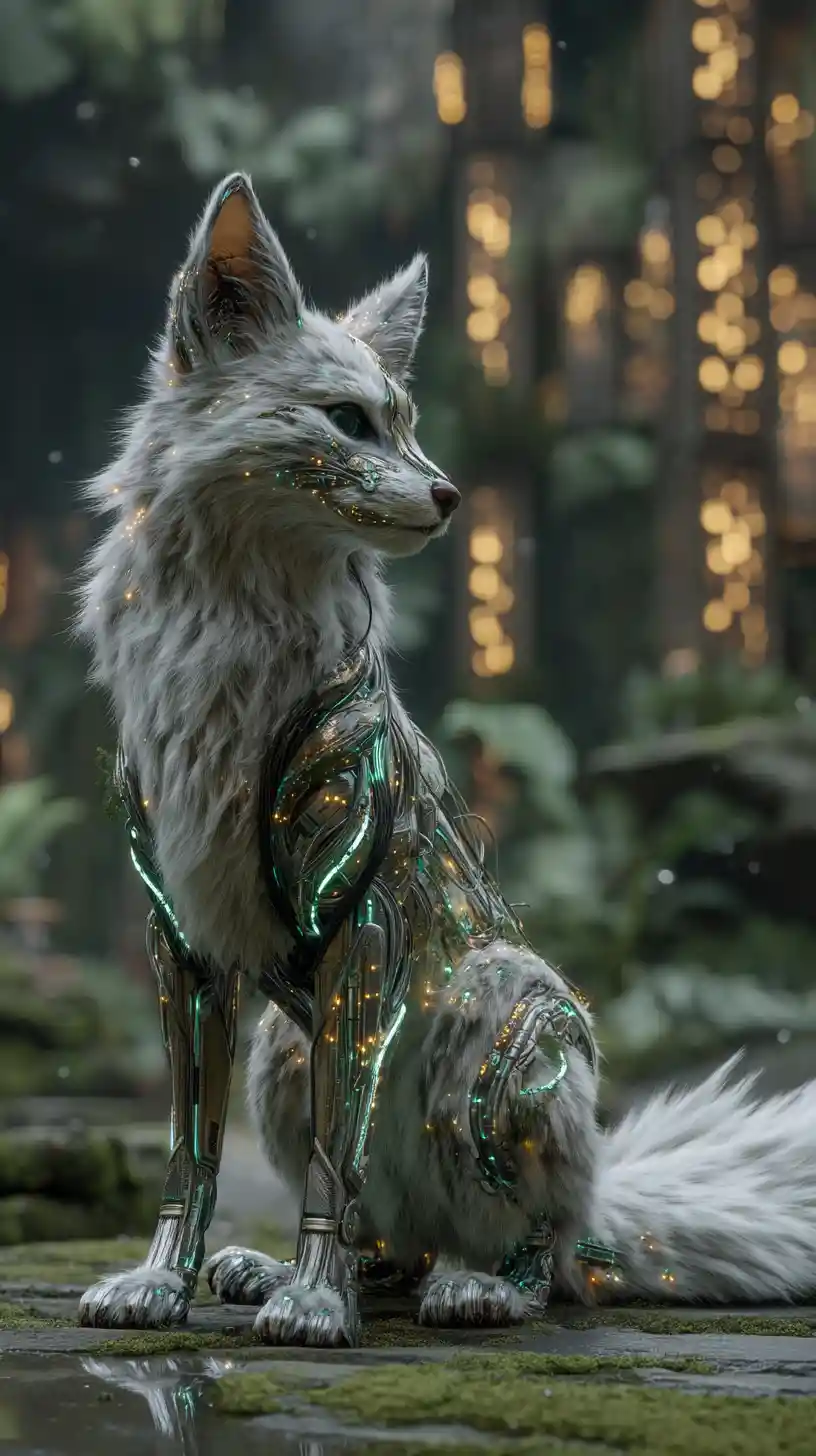Cybernetic fox on glowing jungle ruins in the rain