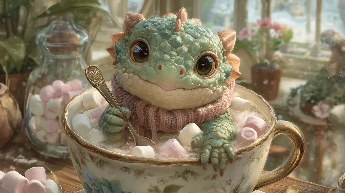 Tiny emerald baby dragon in a teacup of sweets